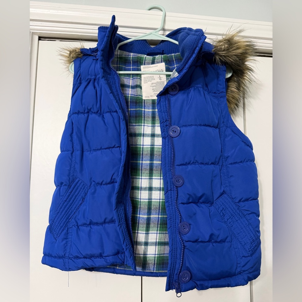 Aeropostale Blue Plaid Puffer Vest Size Large with Faux Fur Hood